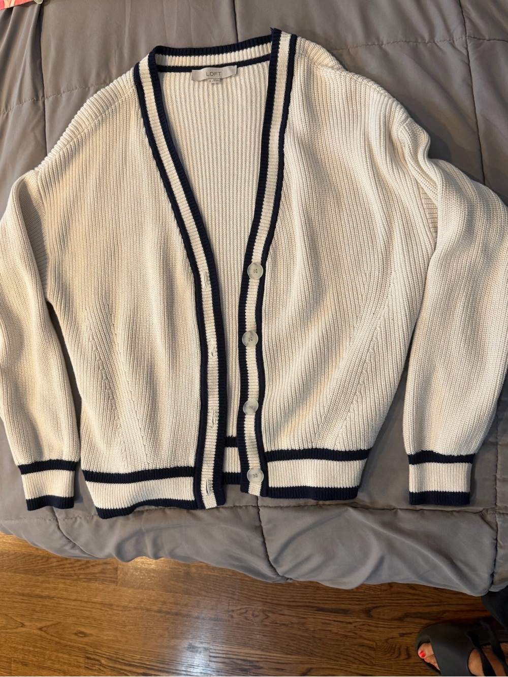 LOFT Cream Cardigan with Navy Trim - Button Front Women's Sweater
